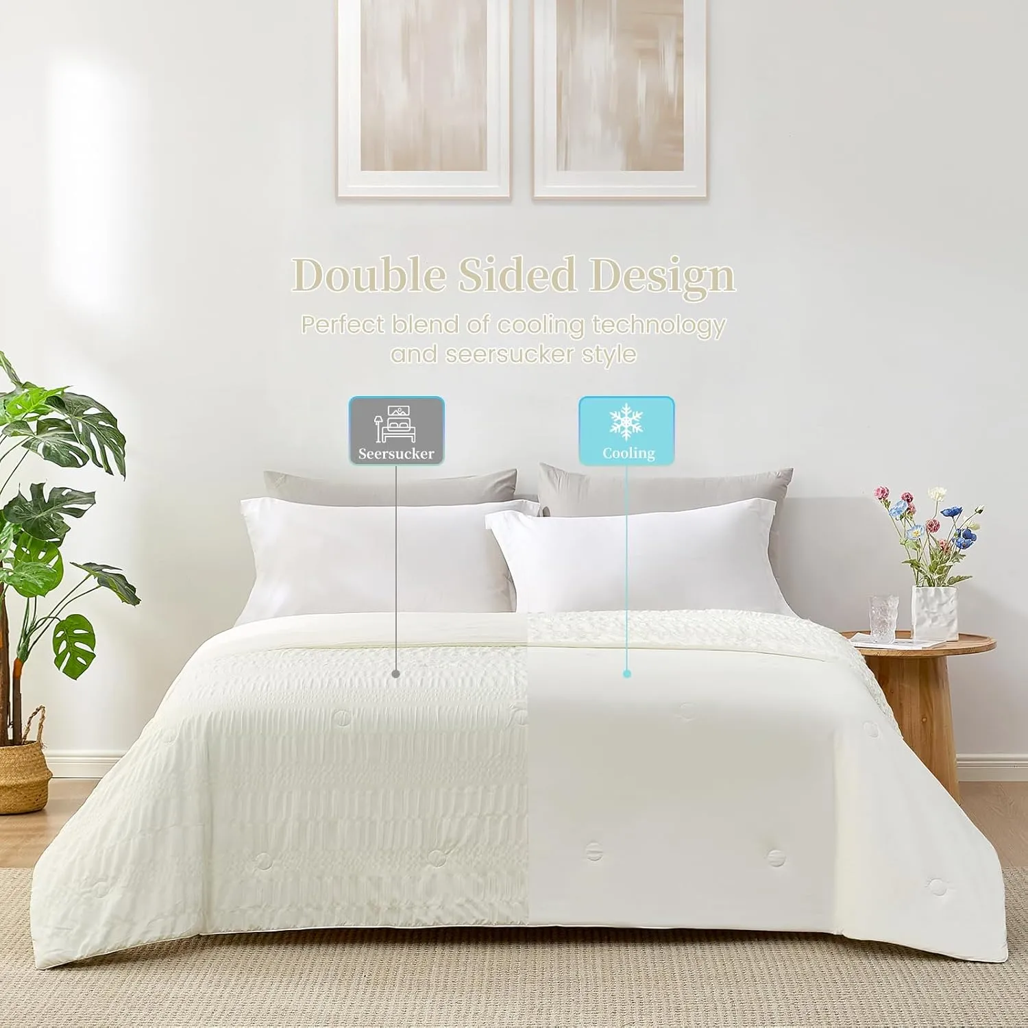 Cozy Bliss Seersucker Cooling Comforter King Size, Q-Max 0.4 Reversible Lightweight Cooling Blanket, Breathable Silk Smooth Summer Bedding Quilt for Hot Sleepers Night Sweats Cream White