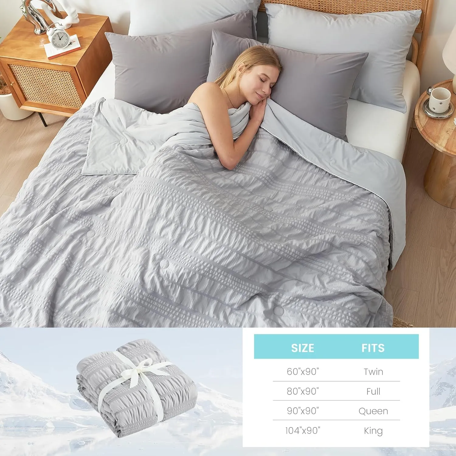 Cozy Bliss Seersucker Cooling Comforter King Size, Q-Max 0.4 Reversible Lightweight Cooling Blanket, Breathable Silk Smooth Summer Bedding Quilt for Hot Sleepers Night Sweats Light Grey