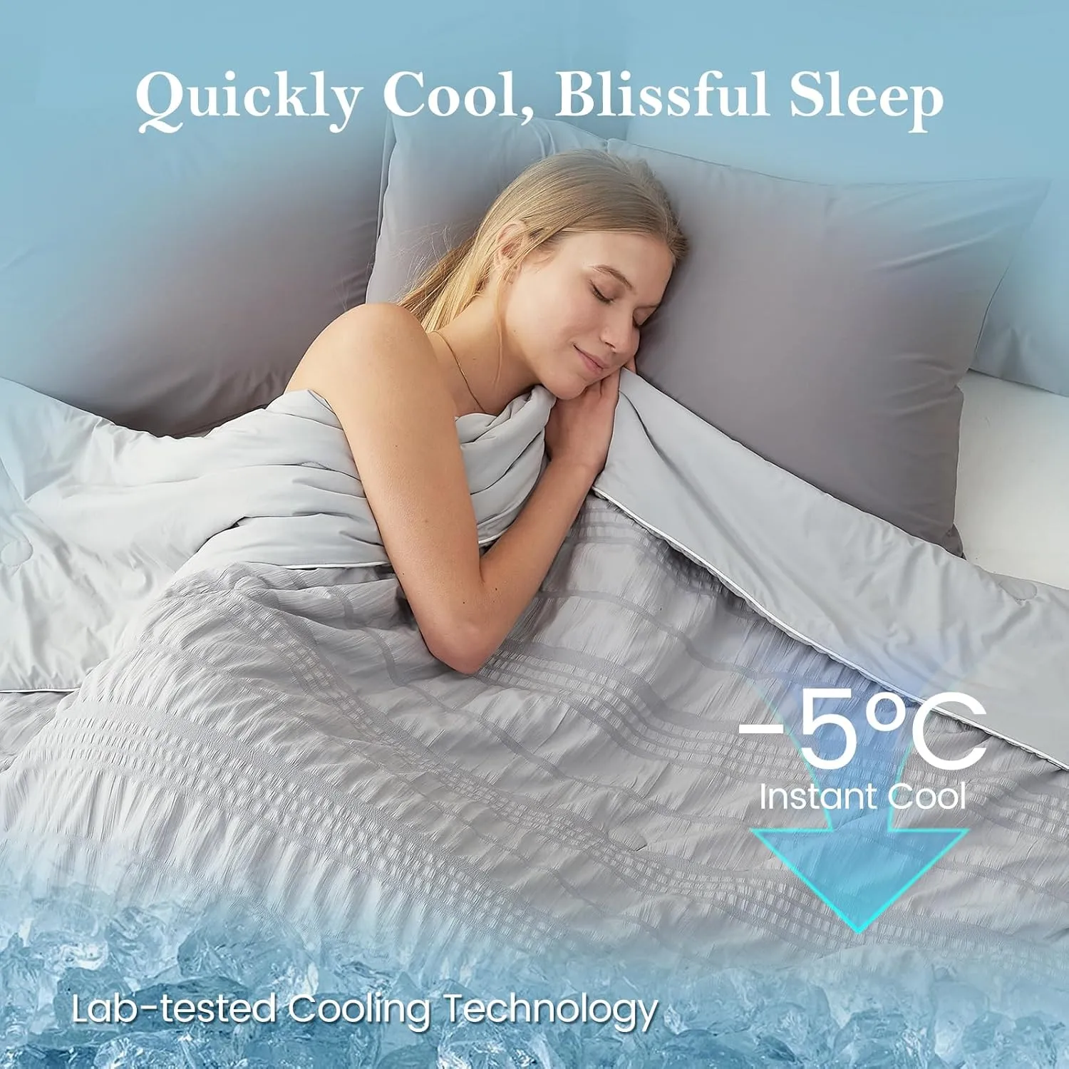 Cozy Bliss Seersucker Cooling Comforter King Size, Q-Max 0.4 Reversible Lightweight Cooling Blanket, Breathable Silk Smooth Summer Bedding Quilt for Hot Sleepers Night Sweats Light Grey