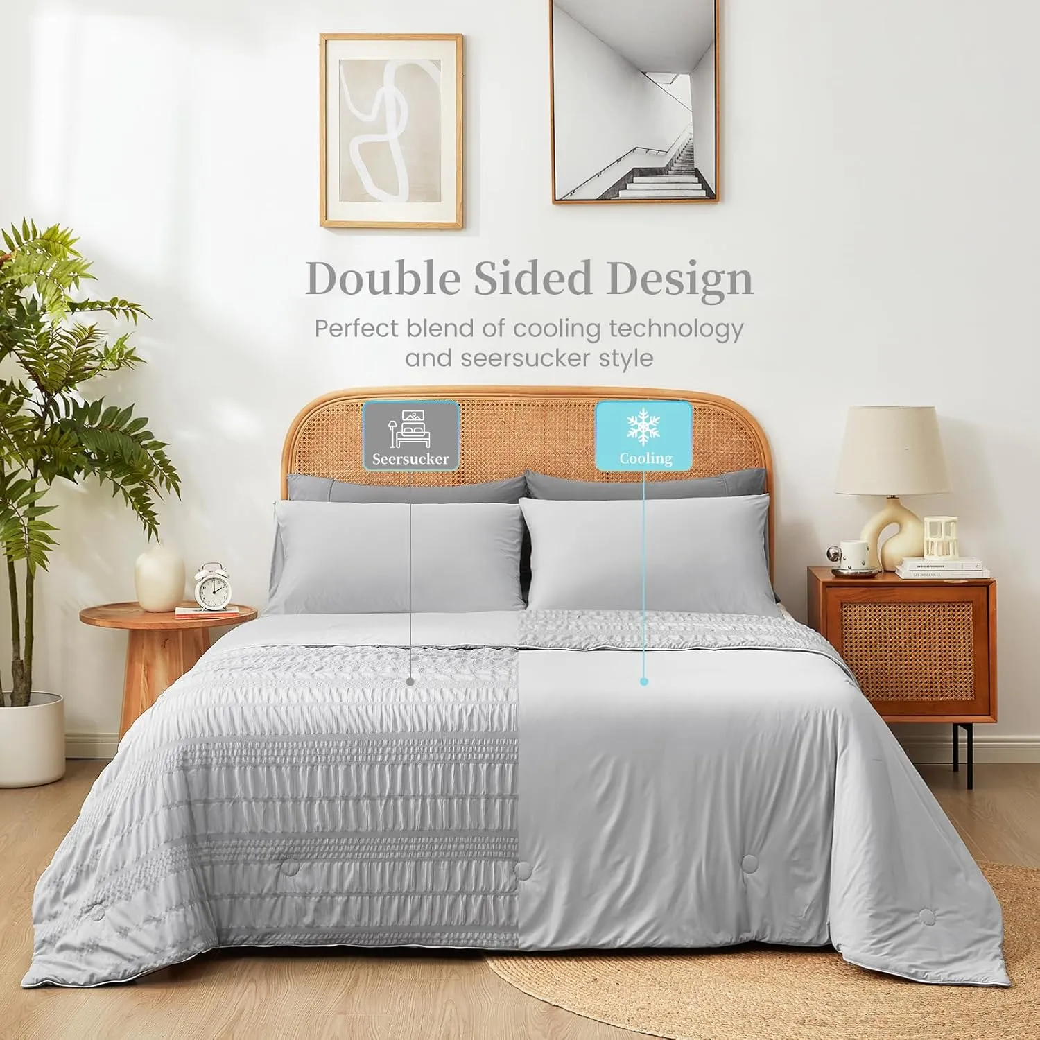 Cozy Bliss Seersucker Cooling Comforter King Size, Q-Max 0.4 Reversible Lightweight Cooling Blanket, Breathable Silk Smooth Summer Bedding Quilt for Hot Sleepers Night Sweats Light Grey