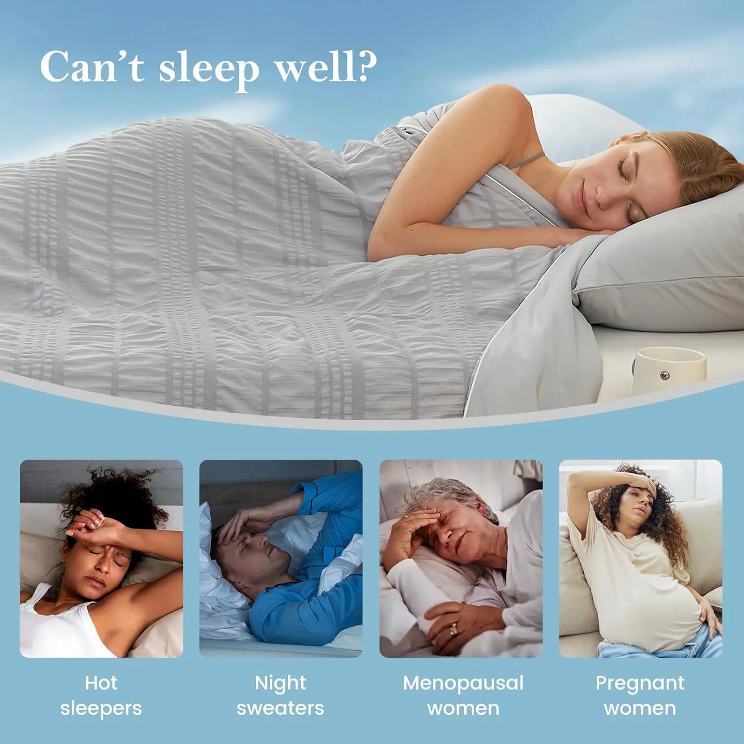 Cozy Bliss Seersucker Cooling Comforter King Size, Q-Max 0.4 Reversible Lightweight Cooling Blanket, Breathable Silk Smooth Summer Bedding Quilt for Hot Sleepers Night Sweats Light Grey