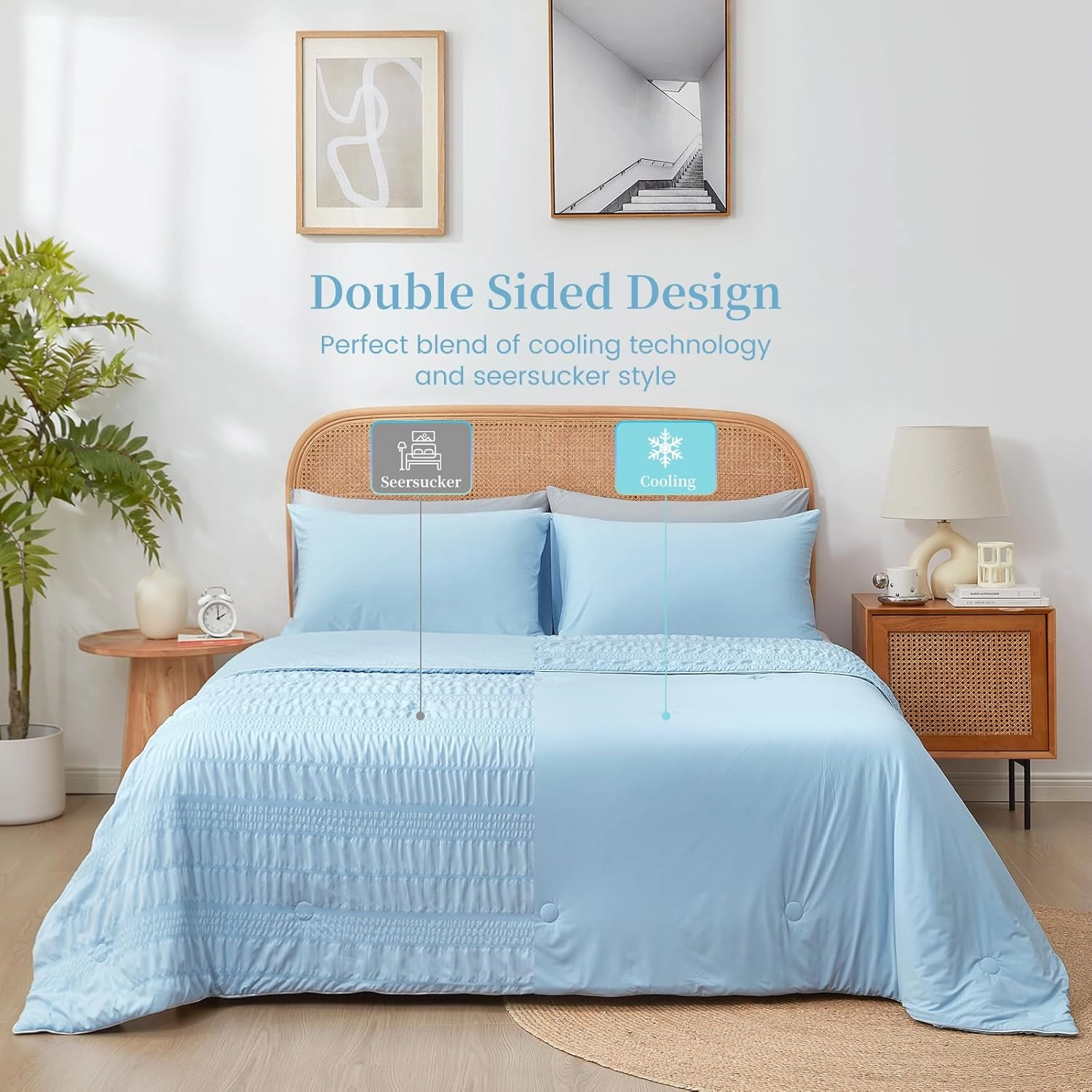 Cozy Bliss Seersucker Cooling Comforter King Size, Q-Max 0.4 Reversible Lightweight Cooling Blanket, Breathable Silk Smooth Summer Bedding Quilt for Hot Sleepers Night Sweats Cold Blue