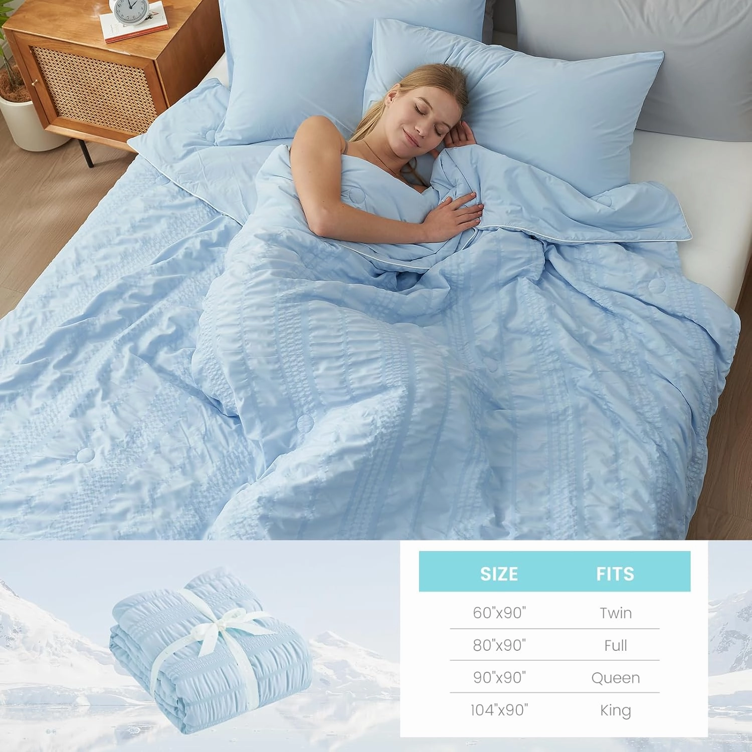Cozy Bliss Seersucker Cooling Comforter King Size, Q-Max 0.4 Reversible Lightweight Cooling Blanket, Breathable Silk Smooth Summer Bedding Quilt for Hot Sleepers Night Sweats Cold Blue
