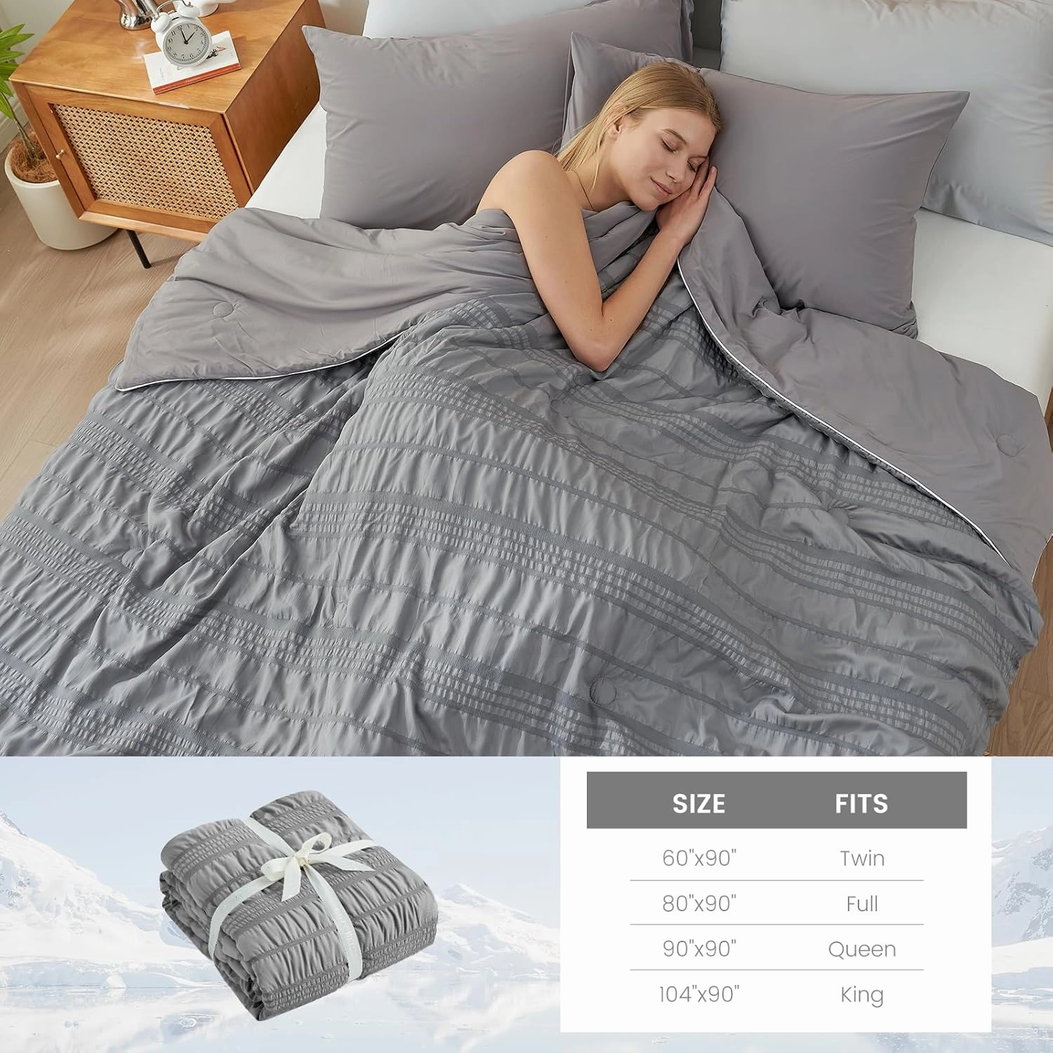 Cozy Bliss Seersucker Cooling Comforter King Size, Q-Max 0.4 Reversible Lightweight Cooling Blanket, Breathable Silk Smooth Summer Bedding Quilt for Hot Sleepers Night Sweats Dark Grey