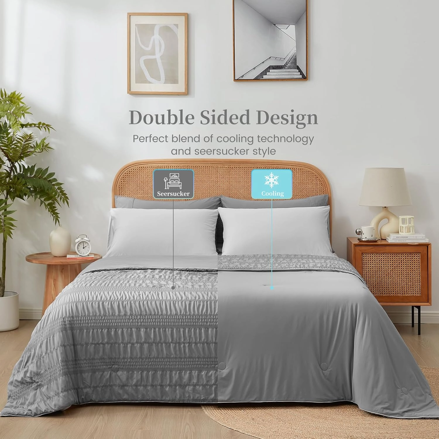 Cozy Bliss Seersucker Cooling Comforter King Size, Q-Max 0.4 Reversible Lightweight Cooling Blanket, Breathable Silk Smooth Summer Bedding Quilt for Hot Sleepers Night Sweats Dark Grey