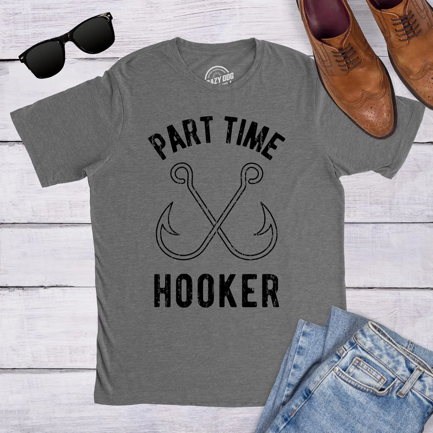 Crazy Dog Mens T Shirt Funny Fishing Joke Tees Novelty Fisherman Shirts