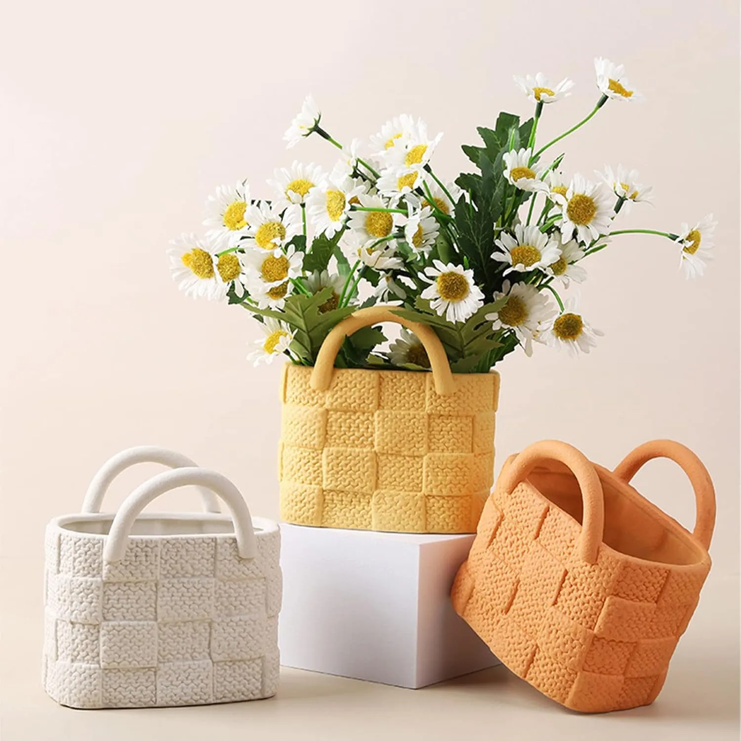 Creative Ceramic Vase, Modern Handbag Shaped Morandi Tote Bag Art Ceramic Floral Vase for Wedding Centerpieces Flower Arrangement Home Decor (White)