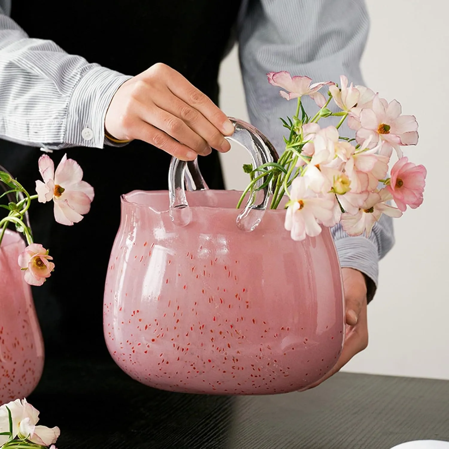 Creative Tote Bag Glass Vases for Flowers, Pink Handbag Shape Glass Flower Vase with Handle, Unique Purse Vase for Centerpieces, Fish Bowl, Home Décor, Living Room, Wedding Gift,Pink b