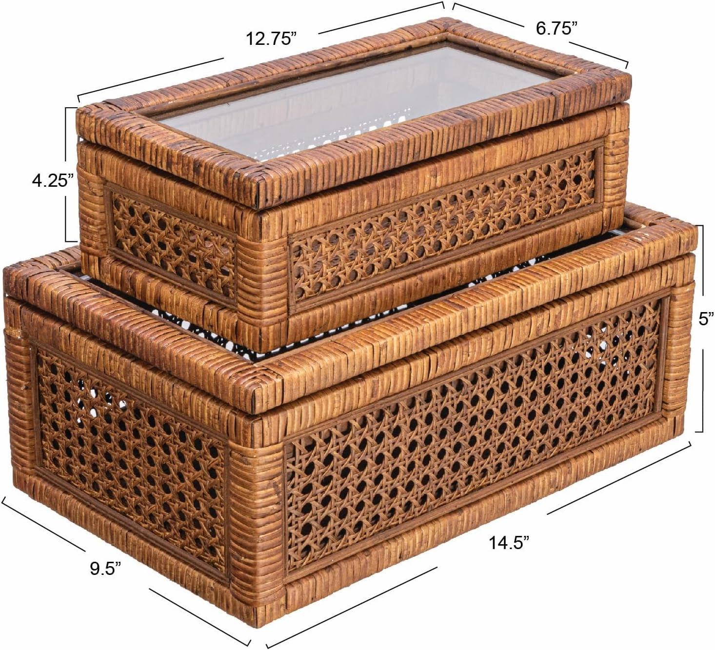 Creative Co-Op Modern Decorative Rectangle Woven Rattan and Wood Display Boxes with Glass Top, Set of 2 Sizes, Dark Brown Finish, Rectangular