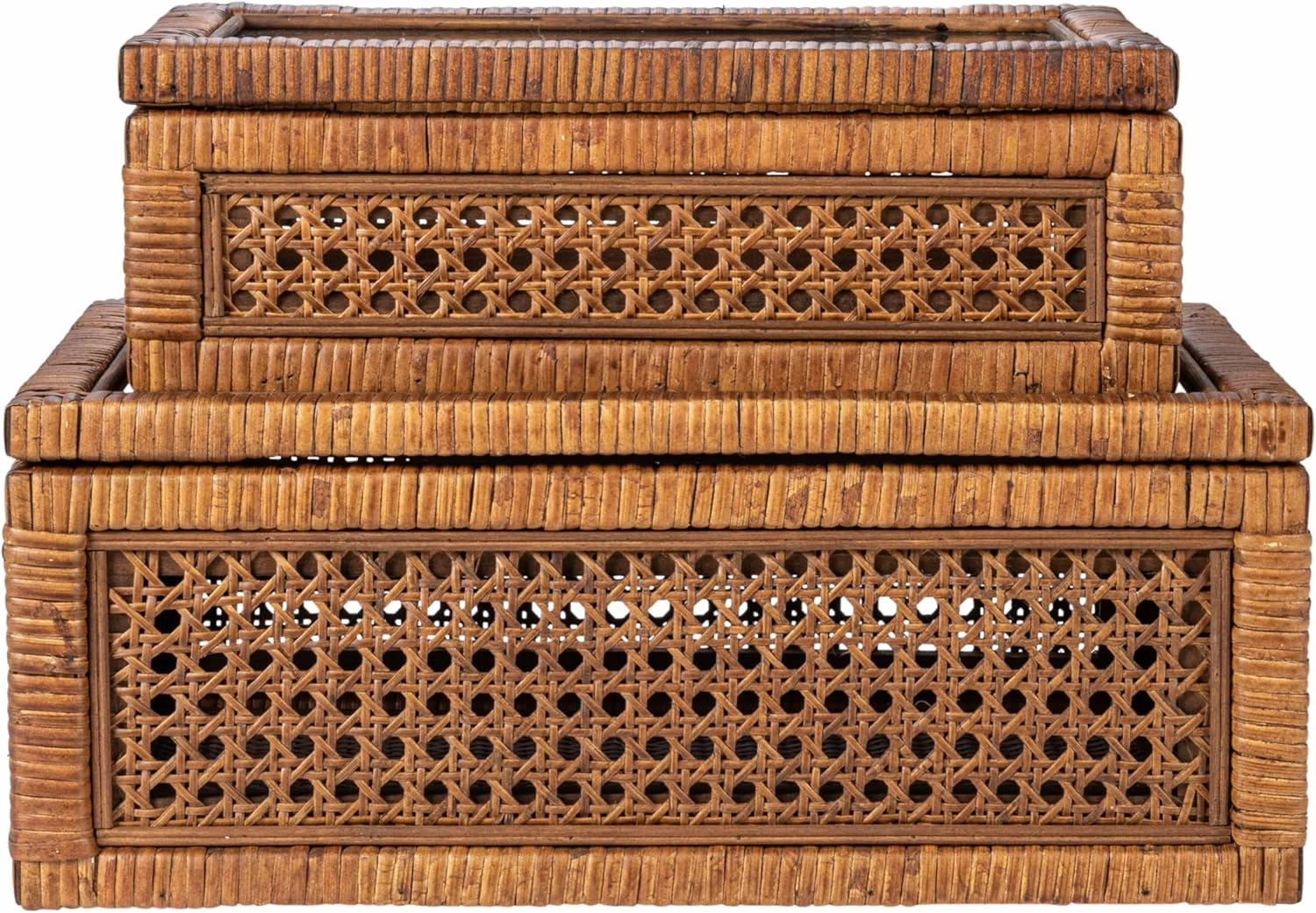 Creative Co-Op Modern Decorative Rectangle Woven Rattan and Wood Display Boxes with Glass Top, Set of 2 Sizes, Dark Brown Finish, Rectangular