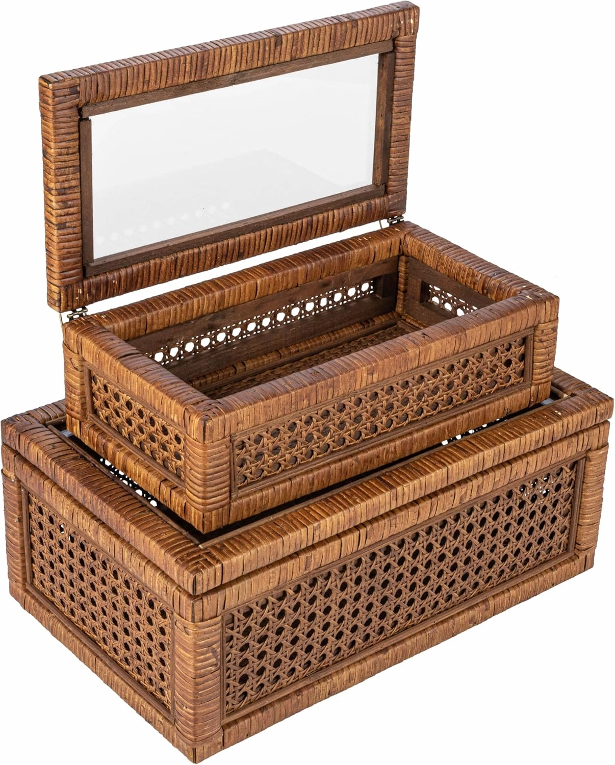 Creative Co-Op Modern Decorative Rectangle Woven Rattan and Wood Display Boxes with Glass Top, Set of 2 Sizes, Dark Brown Finish, Rectangular