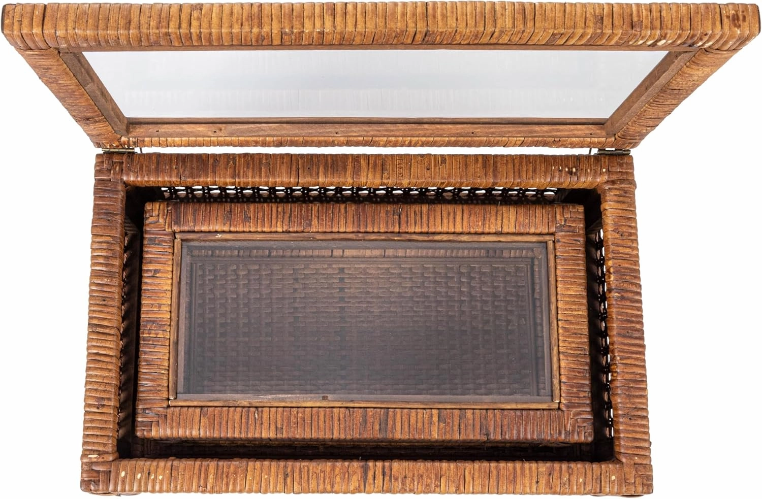 Creative Co-Op Modern Decorative Rectangle Woven Rattan and Wood Display Boxes with Glass Top, Set of 2 Sizes, Dark Brown Finish, Rectangular