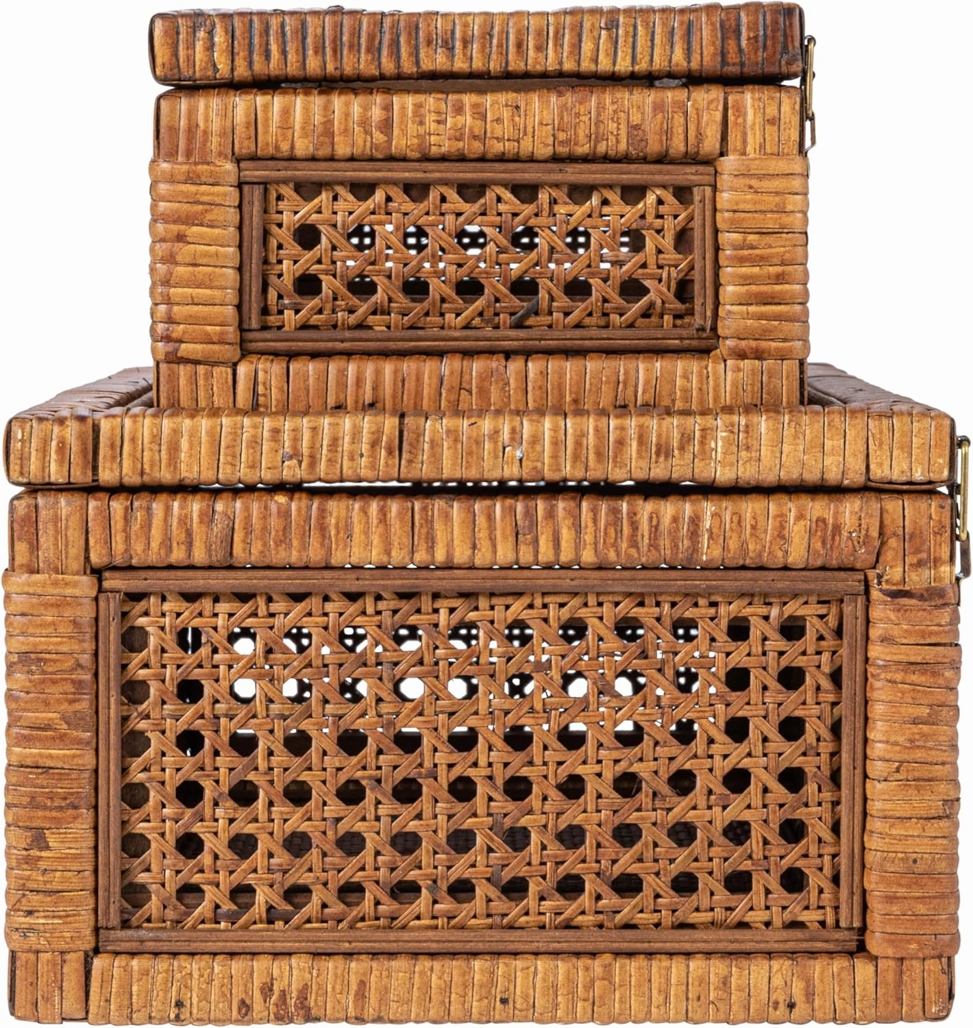 Creative Co-Op Modern Decorative Rectangle Woven Rattan and Wood Display Boxes with Glass Top, Set of 2 Sizes, Dark Brown Finish, Rectangular