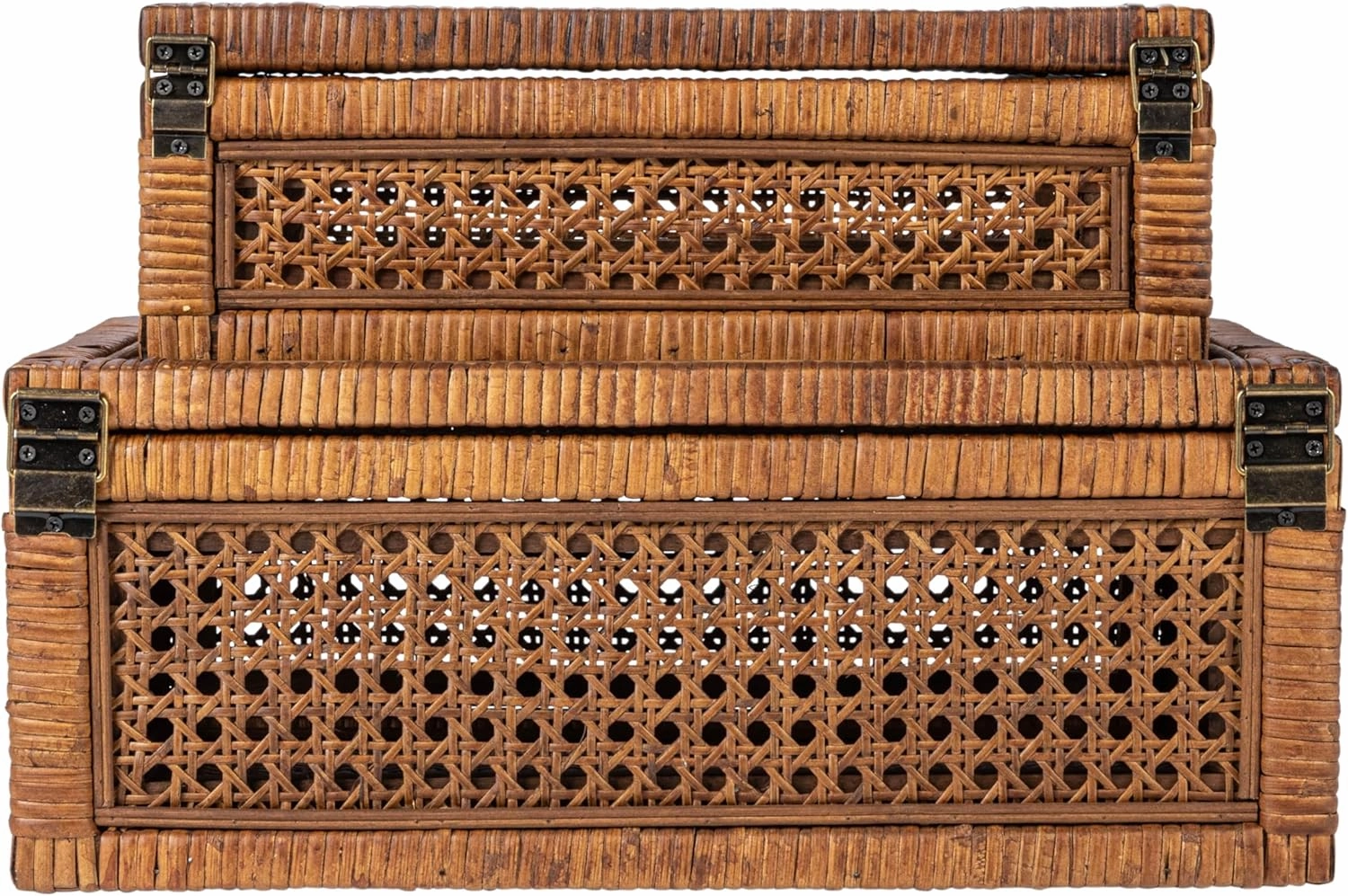 Creative Co-Op Modern Decorative Rectangle Woven Rattan and Wood Display Boxes with Glass Top, Set of 2 Sizes, Dark Brown Finish, Rectangular