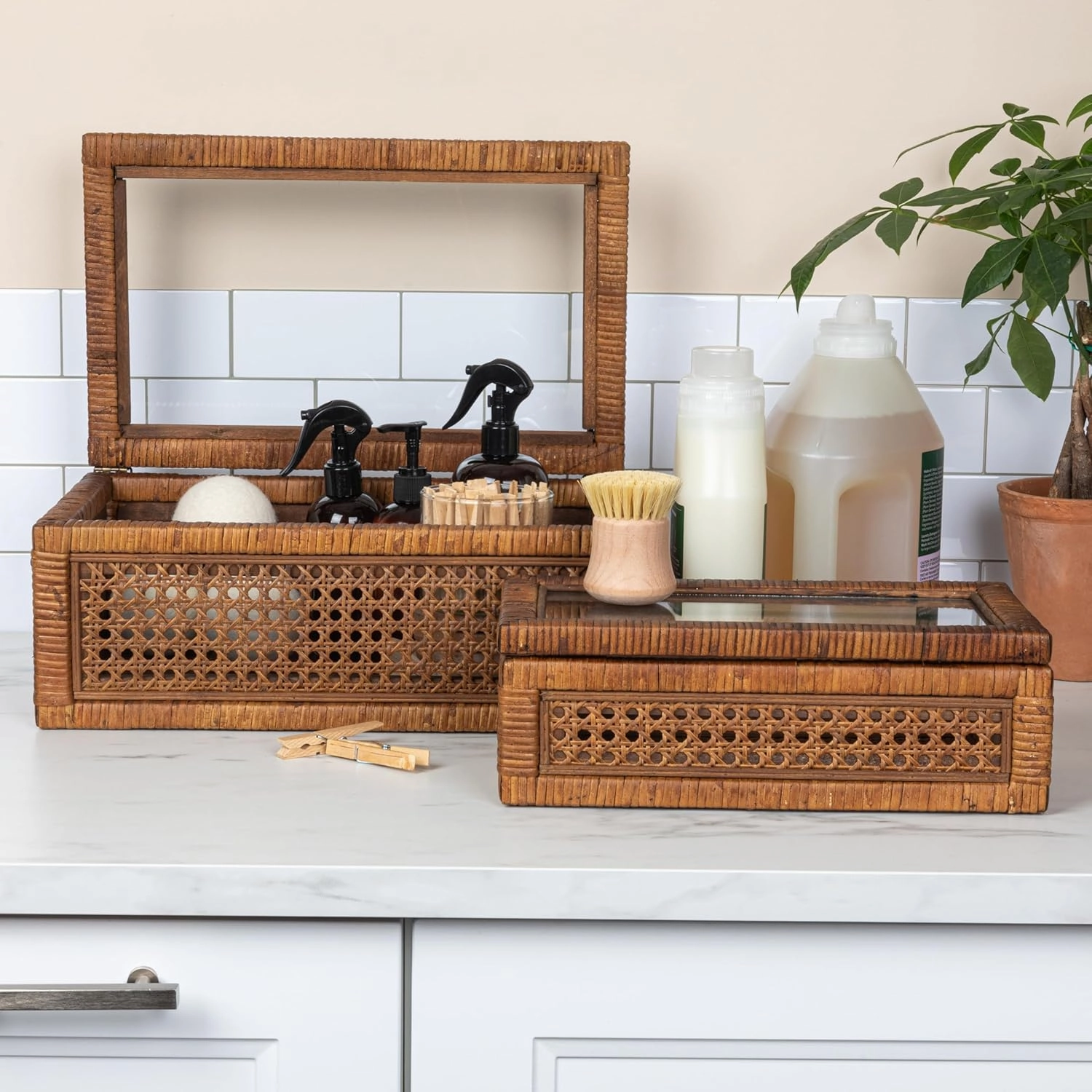Creative Co-Op Modern Decorative Rectangle Woven Rattan and Wood Display Boxes with Glass Top, Set of 2 Sizes, Dark Brown Finish, Rectangular