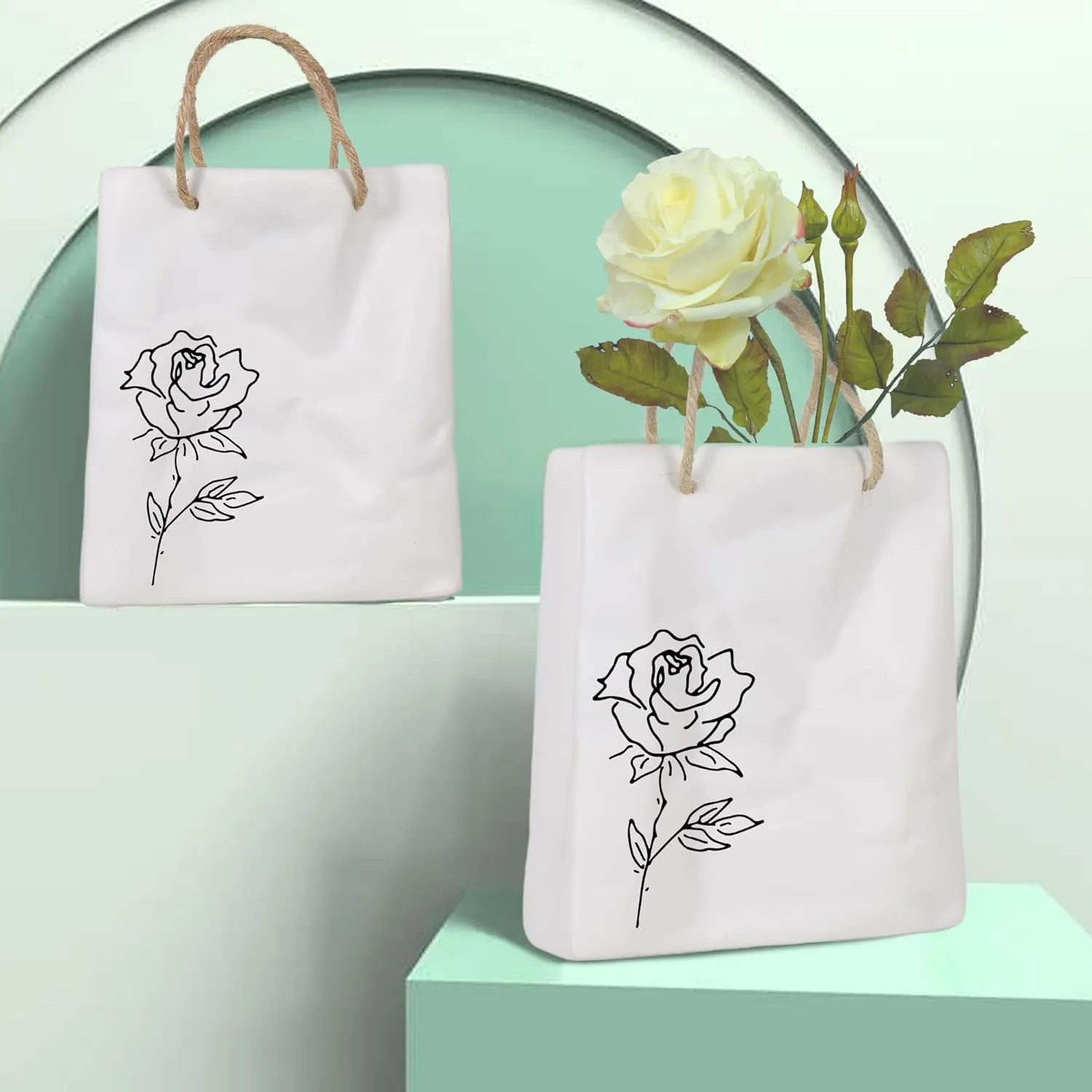 Custom Grab Paper Bag Ceramic Vase, Crinkle Paper Handbag Design for Flower Vase