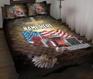 Custom Truck Eagle Cross American Flag Pattern Trucker Gift Personalized Name Quilt Blanket & Pillowcases, Quilts Bedding Set & Pillow Cover, King Queen Double Twin Throw Full Size Bedspread Bed Sets
