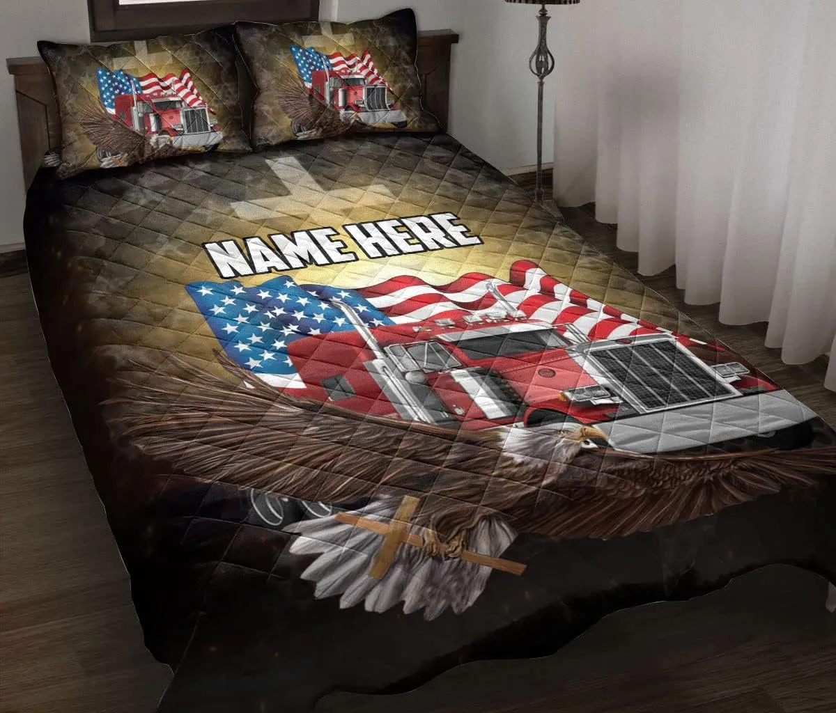 Custom Truck Eagle Cross American Flag Pattern Trucker Gift Personalized Name Quilt Blanket & Pillowcases, Quilts Bedding Set & Pillow Cover, King Queen Double Twin Throw Full Size Bedspread Bed Sets