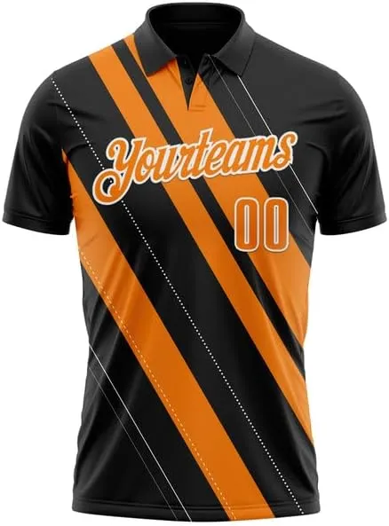 Customize Name,Custom Jersey, Polo Sport, Black Bay Orange-Neon Green 3D Bowling Geometric Shape Polo