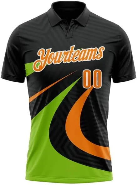 Customize Name,Custom Jersey, Polo Sport, Black Bay Orange-Neon Green 3D Bowling Geometric Shape Polo