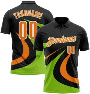 Customize Name,Custom Jersey, Polo Sport, Black Bay Orange-Neon Green 3D Bowling Geometric Shape Polo