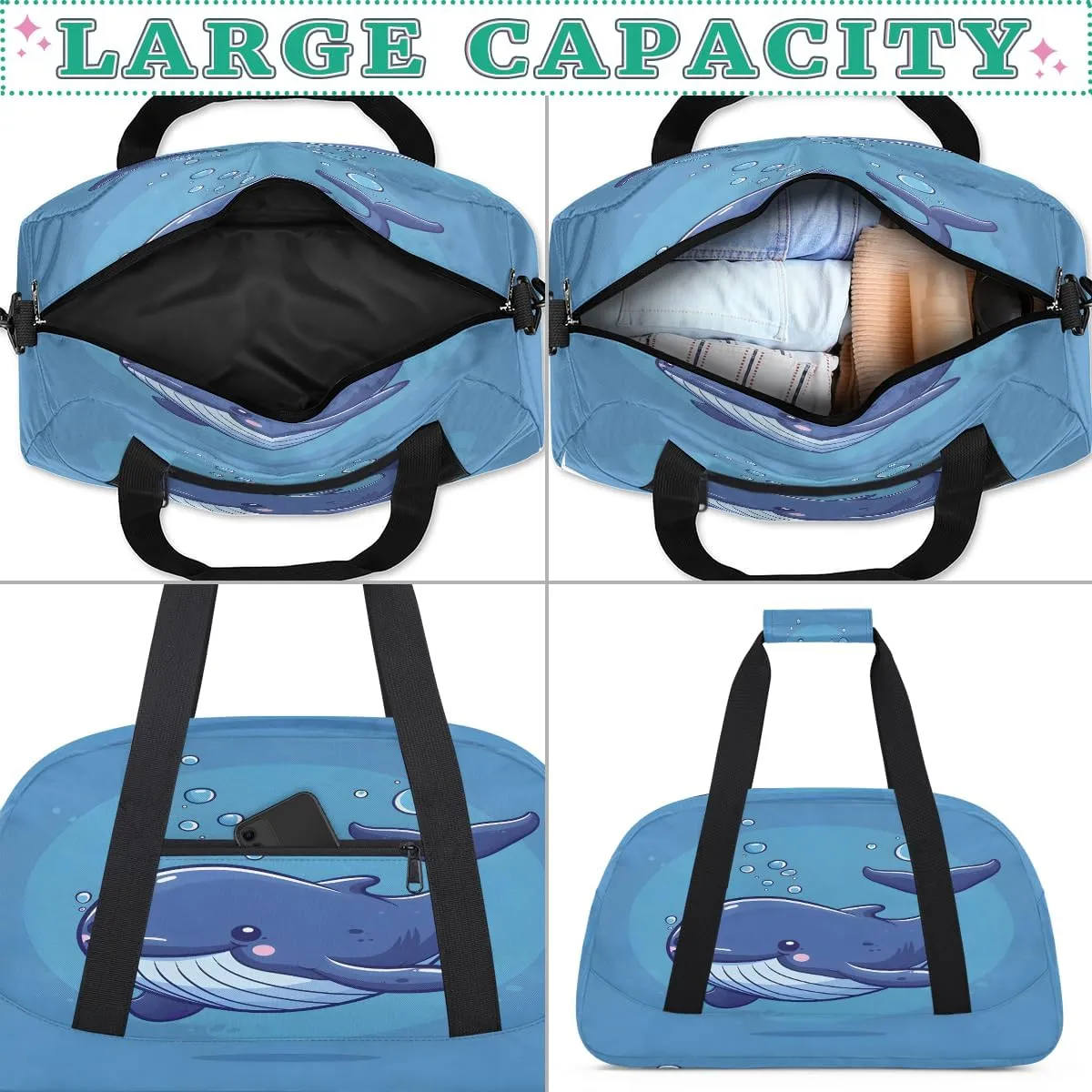 Cute Baby Whale Kids Overnighter Duffel Bags for Boys, Carry-On Size Sports Gym Bag with Front Zipper Pocket for School Practice or Overnight Travel Weekender Sleepover Tote Bag