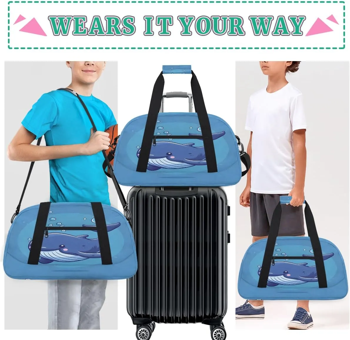 Cute Baby Whale Kids Overnighter Duffel Bags for Boys, Carry-On Size Sports Gym Bag with Front Zipper Pocket for School Practice or Overnight Travel Weekender Sleepover Tote Bag
