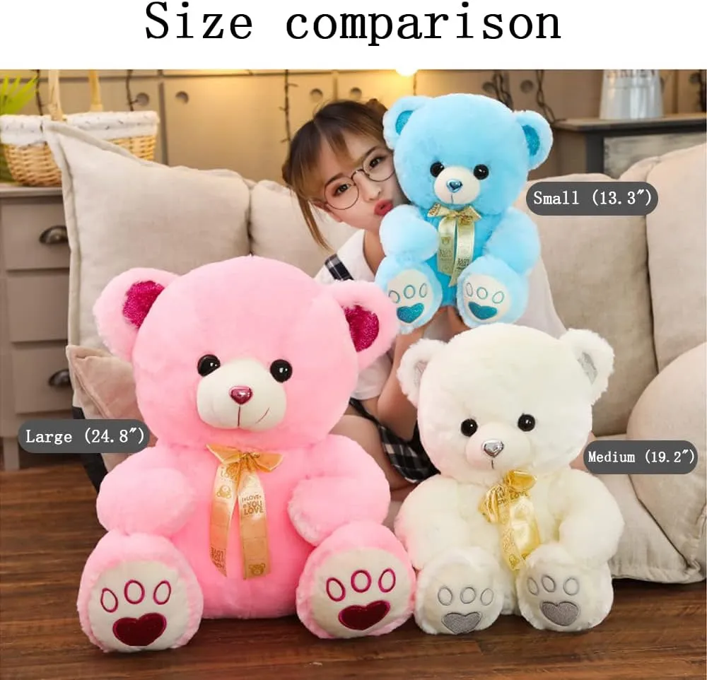 Cute Colorful Ribbon Bear Plush Toy Doll Teddy Bear rag Doll Valentine's Day Gift (Blue, Large (24.8"))