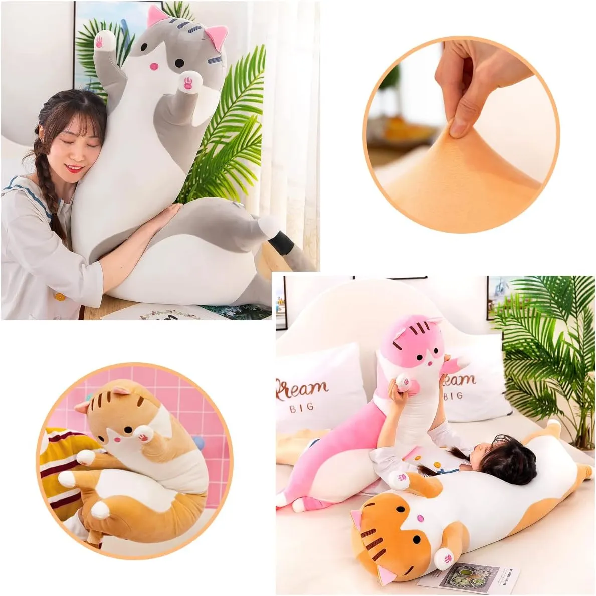 Cute Long Cute Cat Body Pillow Cat Stuffed Animals Plushies Girls Boys Plush Pet Kawaii Stuff Plushie Funny Pillows Kids Plushy Toy(Pink, 27.5Inch)