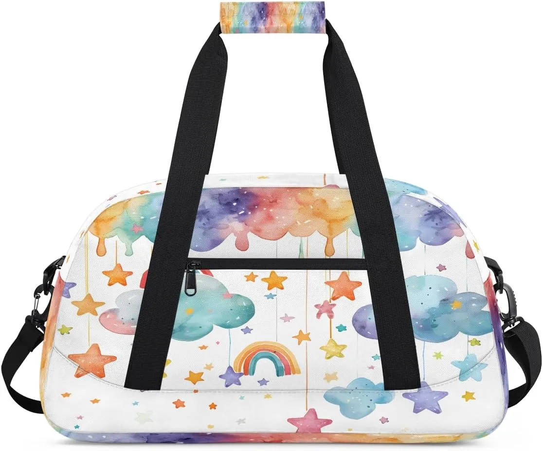 Cute Rainbow Clouds Kids Overnighter Duffel Bags for Boys, Carry-On Size Sports Gym Bag with Front Zipper Pocket for School Practice or Overnight Travel Weekender Sleepover Tote Bag
