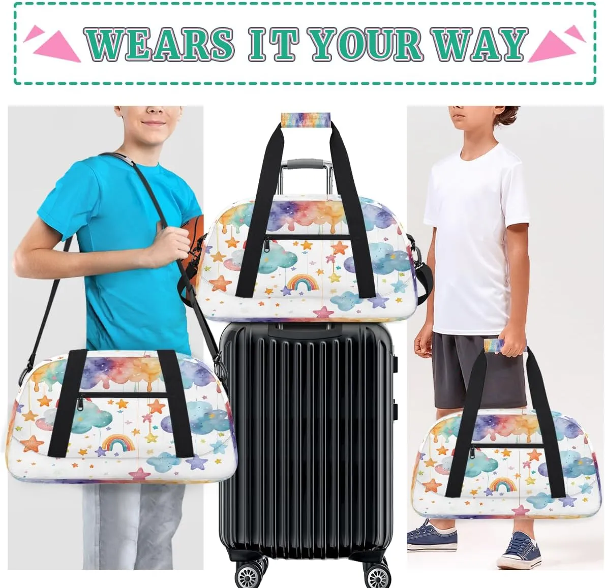 Cute Rainbow Clouds Kids Overnighter Duffel Bags for Boys, Carry-On Size Sports Gym Bag with Front Zipper Pocket for School Practice or Overnight Travel Weekender Sleepover Tote Bag