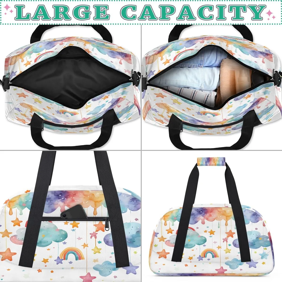 Cute Rainbow Clouds Kids Overnighter Duffel Bags for Boys, Carry-On Size Sports Gym Bag with Front Zipper Pocket for School Practice or Overnight Travel Weekender Sleepover Tote Bag