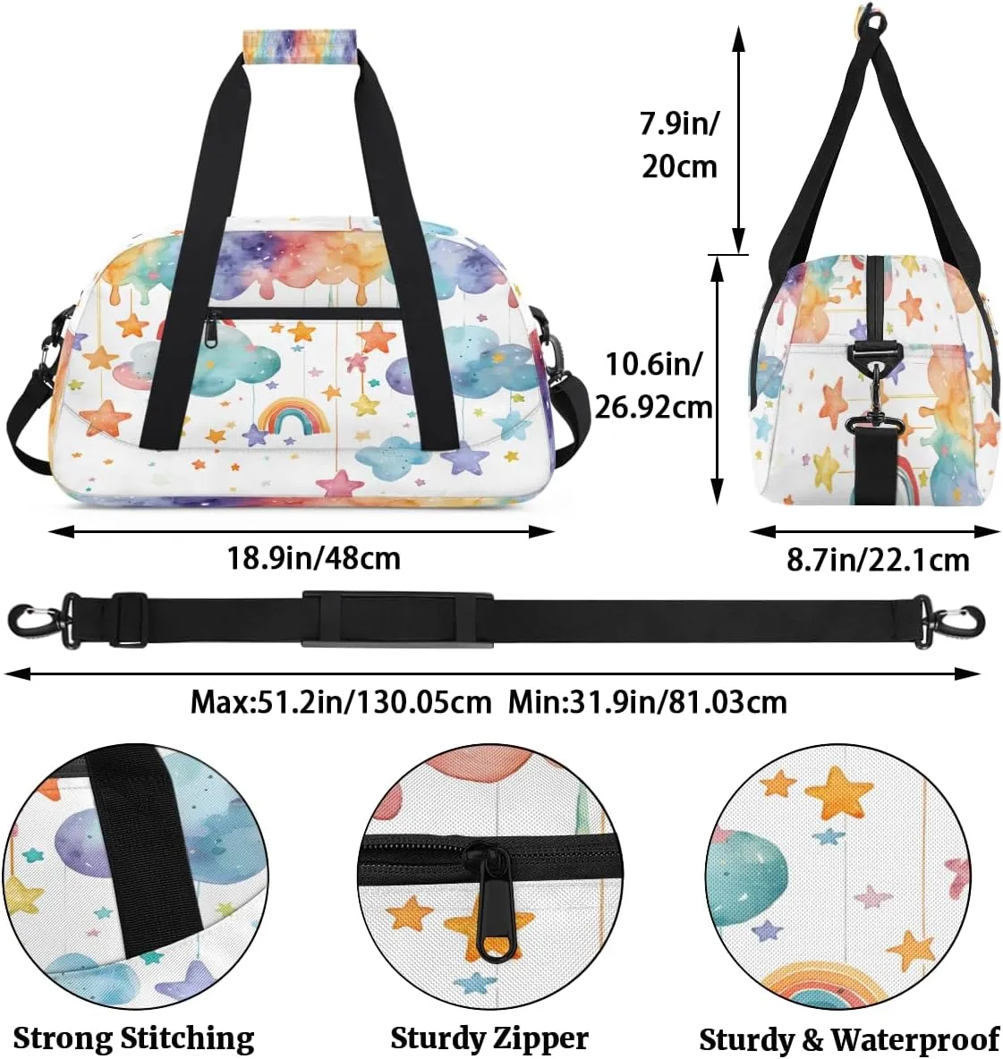 Cute Rainbow Clouds Kids Overnighter Duffel Bags for Boys, Carry-On Size Sports Gym Bag with Front Zipper Pocket for School Practice or Overnight Travel Weekender Sleepover Tote Bag