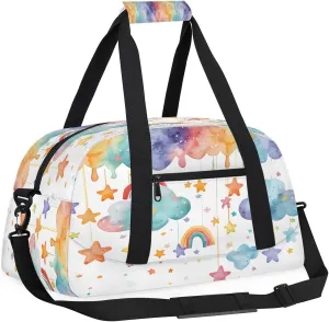 Cute Rainbow Clouds Kids Overnighter Duffel Bags for Boys, Carry-On Size Sports Gym Bag with Front Zipper Pocket for School Practice or Overnight Travel Weekender Sleepover Tote Bag