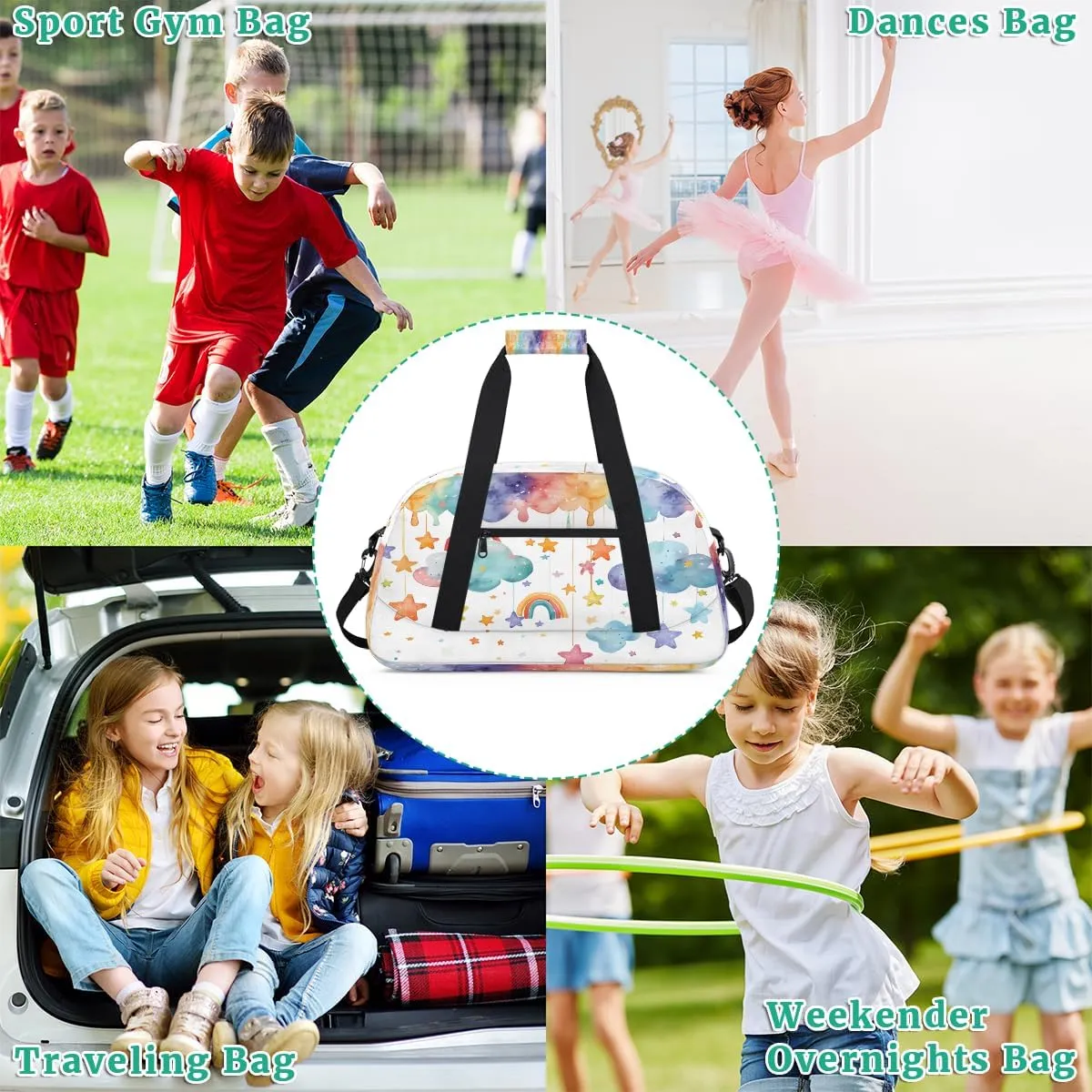 Cute Rainbow Clouds Kids Overnighter Duffel Bags for Boys, Carry-On Size Sports Gym Bag with Front Zipper Pocket for School Practice or Overnight Travel Weekender Sleepover Tote Bag