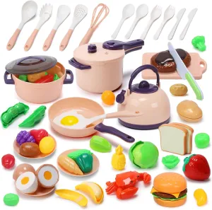 CUTE STONE 51-Piece Mini Play Kitchen Accessories for Kids, Pretend Cooking Playset with Pots, Pans, Utensils, Cutting Fun Fruits & Veggies, Learning Gift for Toddlers, Girls & Boys