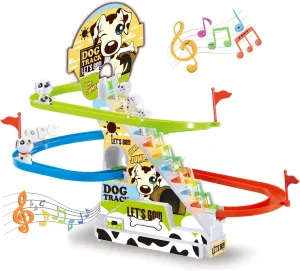 Dalmatian Racer Climbing Stairs Slide Toy - Spotty Dog Race Track Puppy Chasing Roller Coaster Game Set with LED Lights and Music for Toddlers, Kids