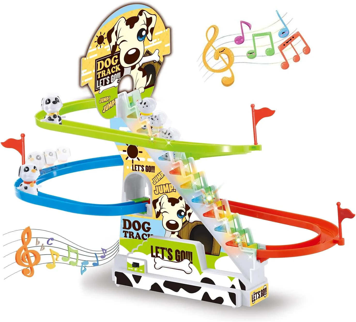 Dalmatian Racer Climbing Stairs Slide Toy - Spotty Dog Race Track Puppy Chasing Roller Coaster Game Set with LED Lights and Music for Toddlers, Kids