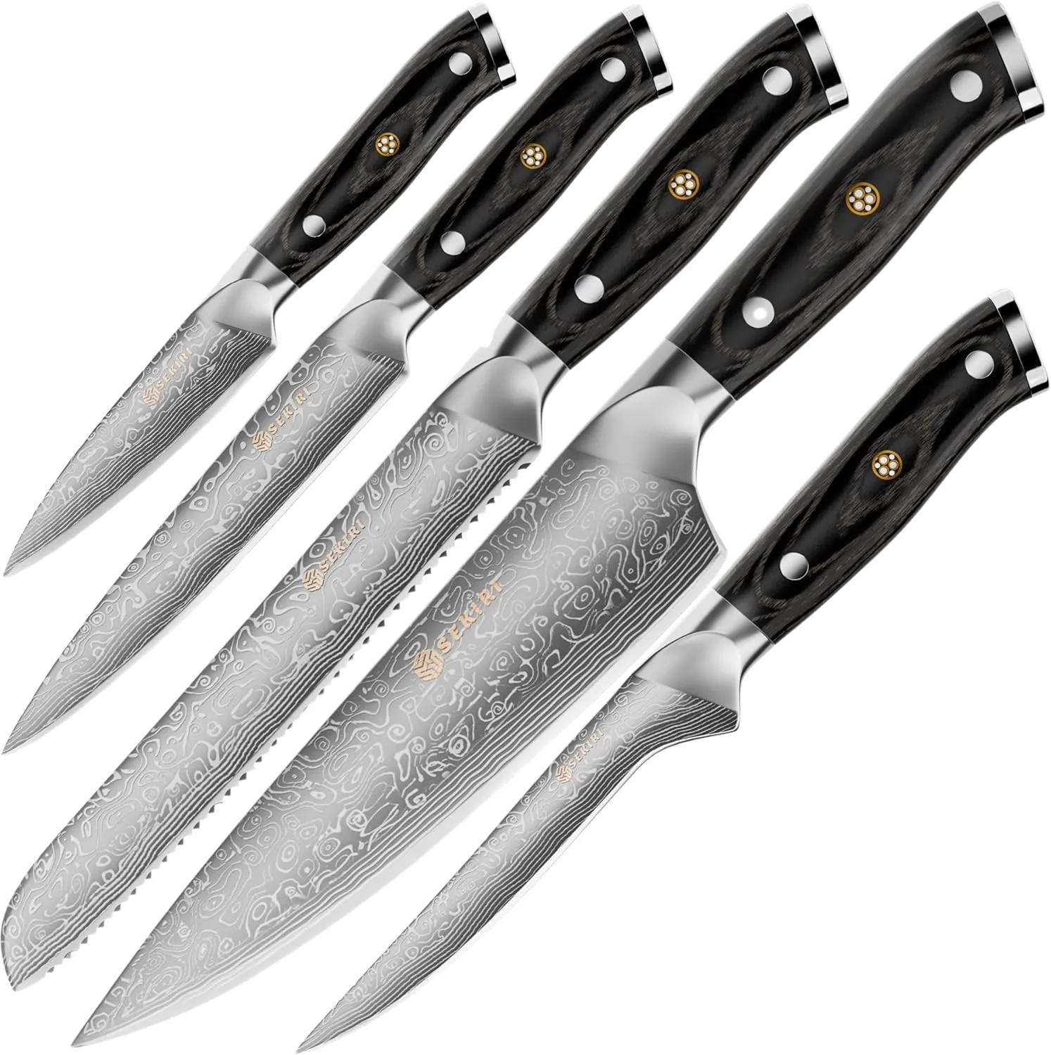 Damascus Steel Knife Set-5 pieces. VG10 Core Steel, Pakkawood Handle, and Elegant Gift Box. Damascus Kitchen Knives Set Chef's Knife Set with Ergonomic, Full-Tang Handle.