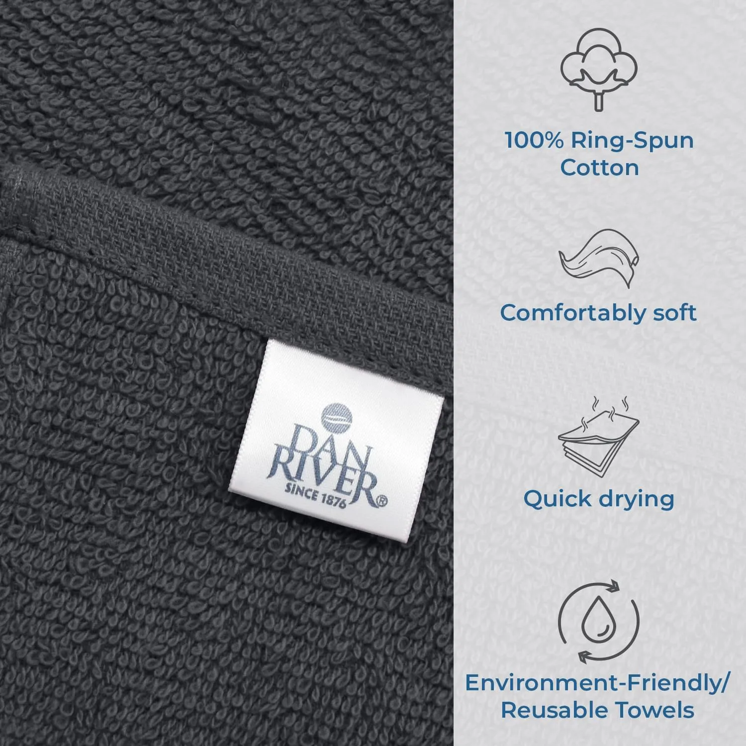 DAN RIVER 100% Cotton Washcloths 24 Pack Premium Quality Face and Body Cloth, Quick Dry Essential Towels for Bathroom, Hand, Kitchen & Cleaning, Baby Rugs | 12X12 in | 400 GSM | Charcoal