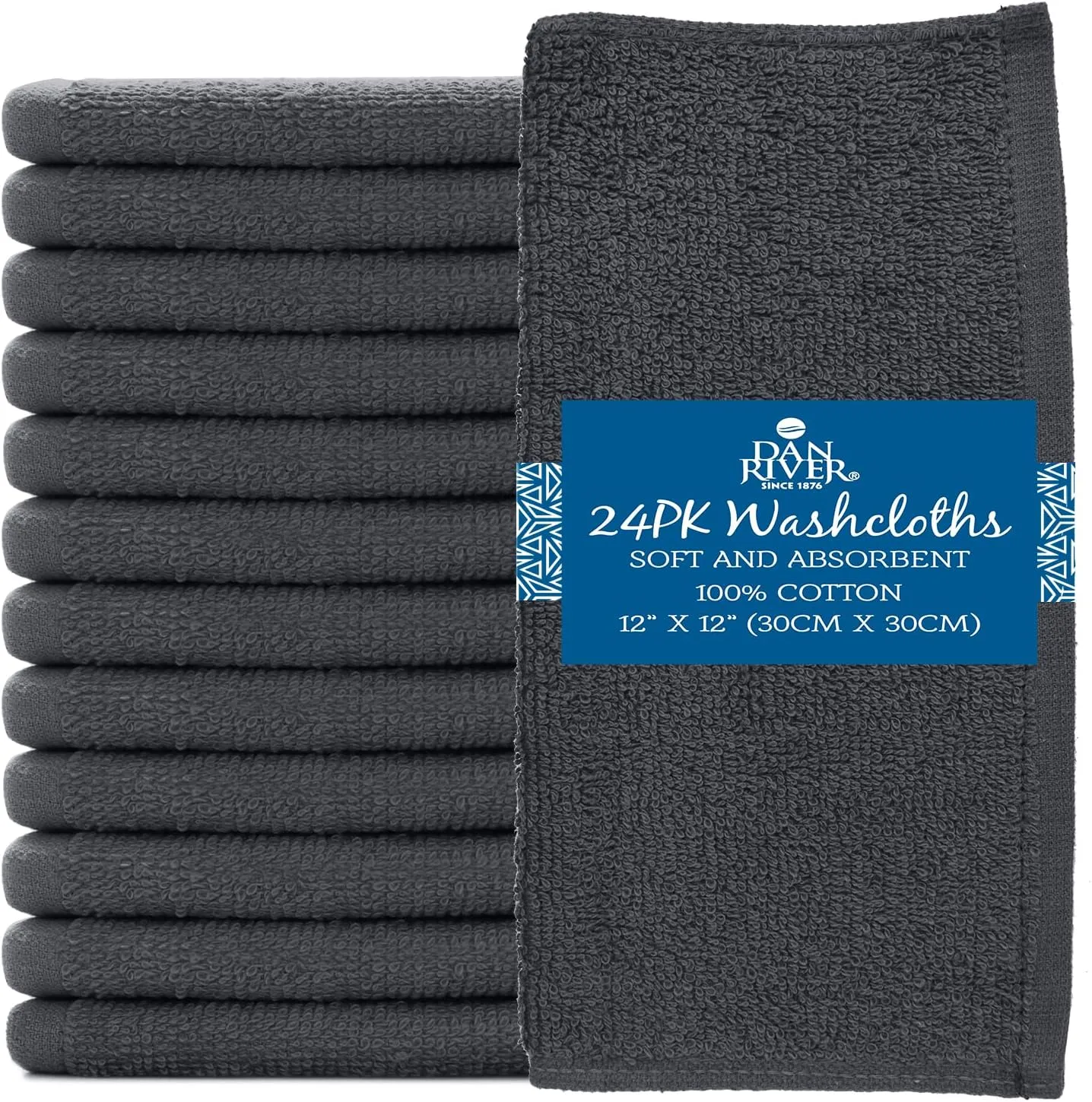 DAN RIVER 100% Cotton Washcloths 24 Pack Premium Quality Face and Body Cloth, Quick Dry Essential Towels for Bathroom, Hand, Kitchen & Cleaning, Baby Rugs | 12X12 in | 400 GSM | Charcoal