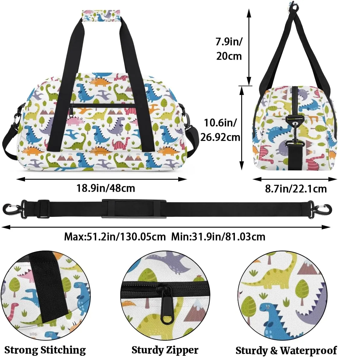 Darling Dinosaurs Kids Overnighter Duffel Bags for Boys, Carry-On Size Sports Gym Bag with Front Zipper Pocket for School Practice or Overnight Travel Weekender Sleepover Tote Bag