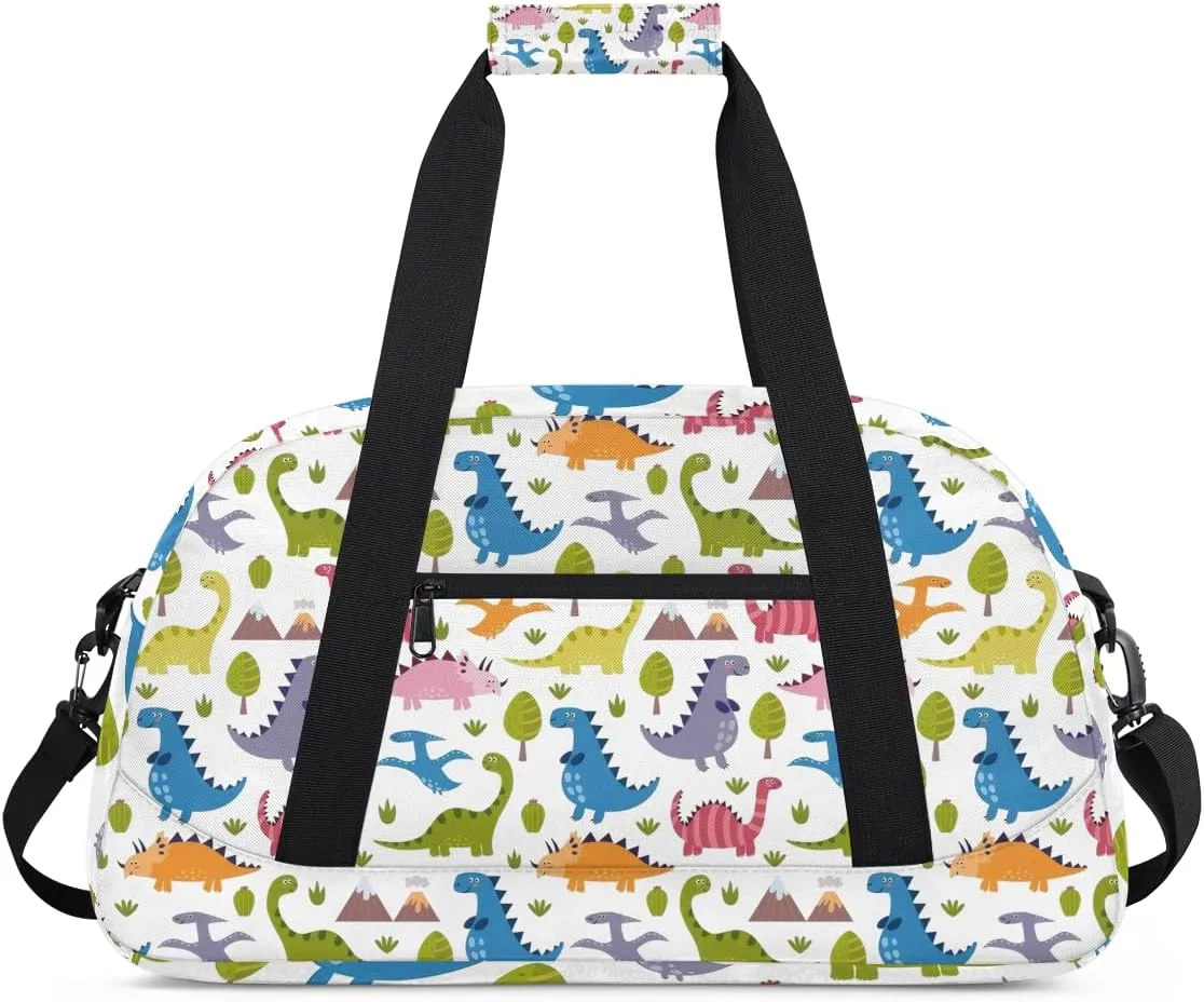 Darling Dinosaurs Kids Overnighter Duffel Bags for Boys, Carry-On Size Sports Gym Bag with Front Zipper Pocket for School Practice or Overnight Travel Weekender Sleepover Tote Bag