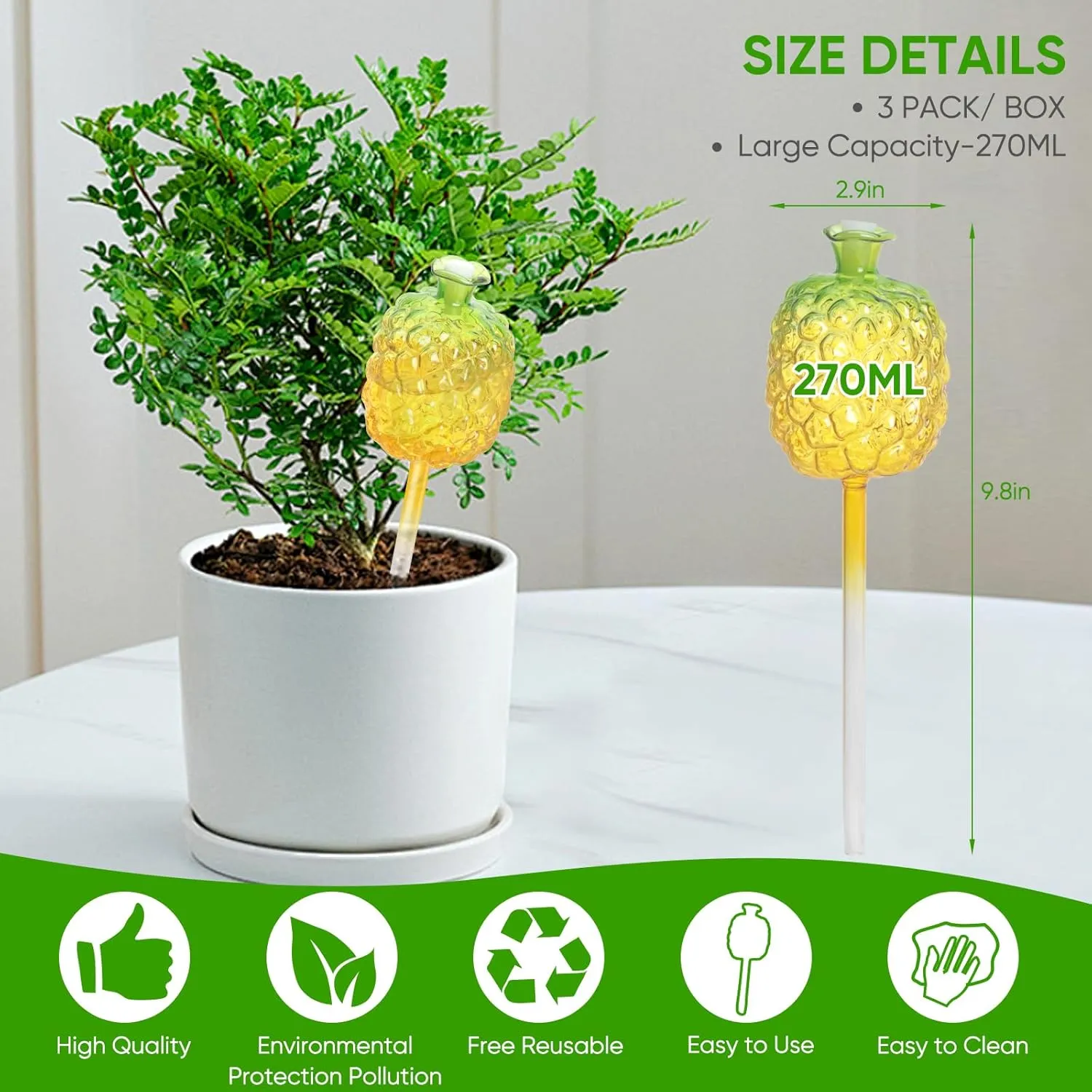 DDMY Plant Watering Globes, 270ML Large Capacity Self Watering Planter Insert for Indoor & Outdoor Plants Self Plant Watering Devices for Plant Lovers, Glass Watering Globes for Everyday Use (3 Pack)