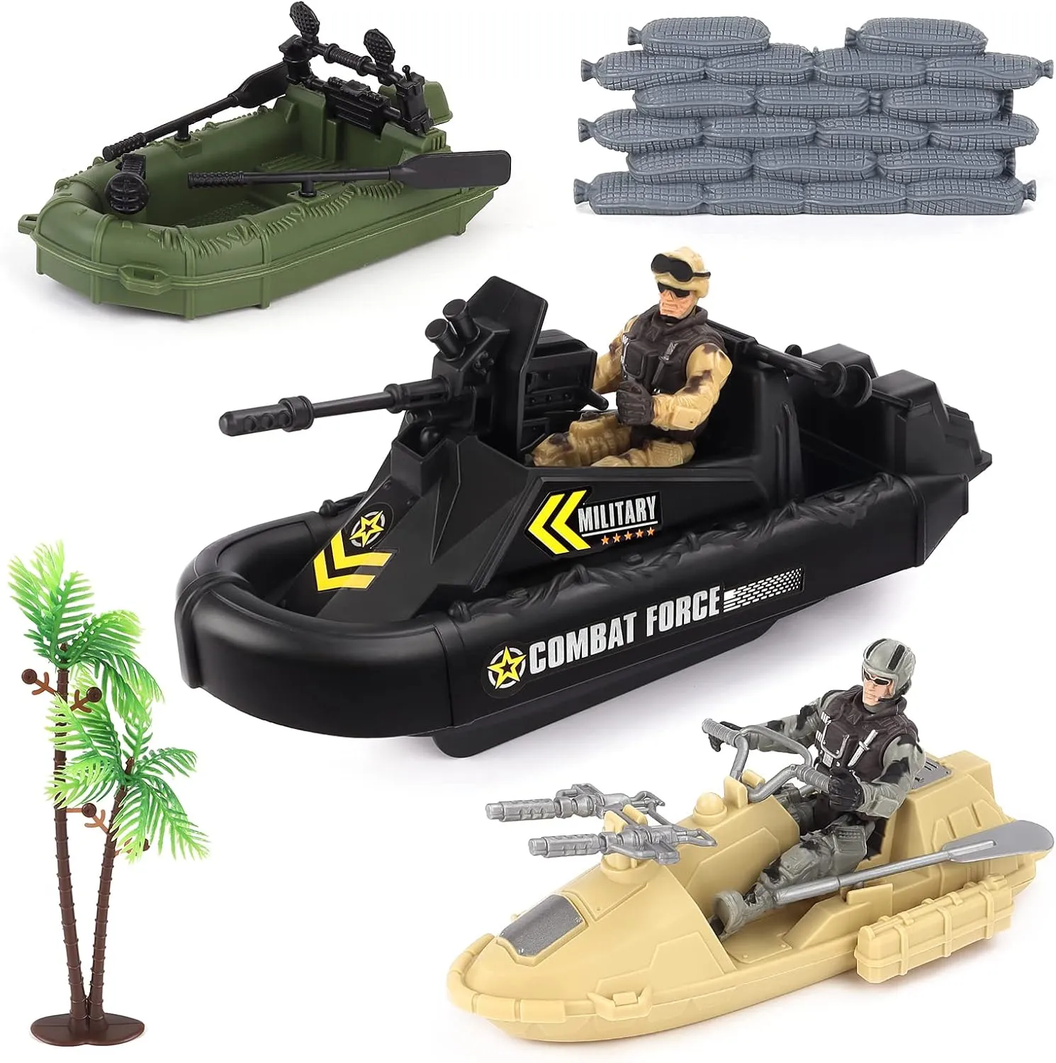 deAO Military Vehicles Set - Combat Boat Toy with 2 Army Men Figures, Batter Boat and Other Weapon Gear Accessories, Great Gift for 3-5  Boys