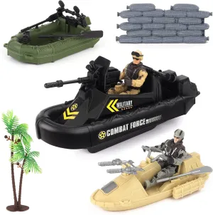 deAO Military Vehicles Set - Combat Boat Toy with 2 Army Men Figures, Batter Boat and Other Weapon Gear Accessories, Great Gift for 3-5  Boys