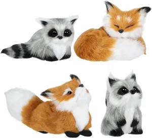 Deekin 4 Pcs Mini Simulation Fur Toy Christmas Animal Decoration Cute Furs Plush Raccoon Fox Squatting Sleeping Animals World with Static Action Figures for Home Office Desktop Decor