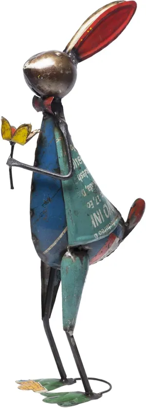 DeKulture Recycled Iron Rabbit with Flower - Decorative Statue | Indoor & Outdoor Decor (8x5x20 Inches)