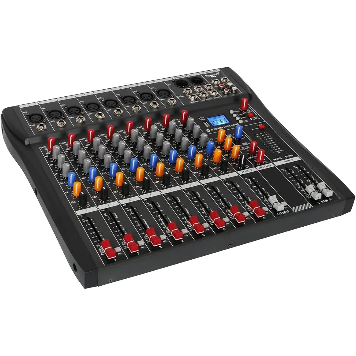 Depusheng DX8 Professional Mixer Soundboard Console 8 Channel Desk System Interface Digital USB MP3 Input 48V Phantom Power Stereo DJ Studio FX Steel Chassis, Black Bluetooth USB Audio Mixer for PC