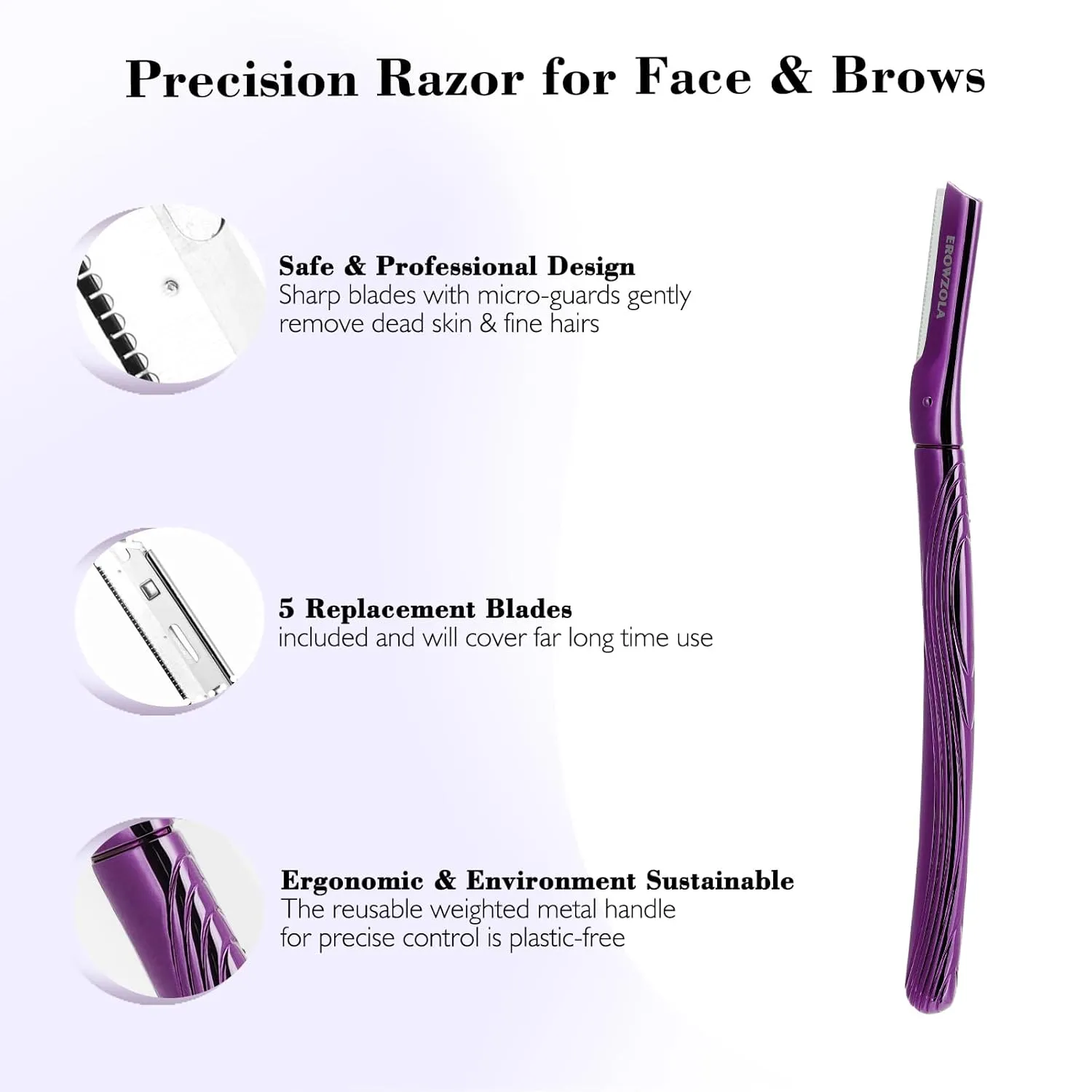 Dermaplane Razor for Women and Men, Eyebrow Razor with Precision Cover, Peach Fuzz Dermaplaning Tool, Exfoliating Facial Razor Reusable Metal Handle with 6 Blades - Purple